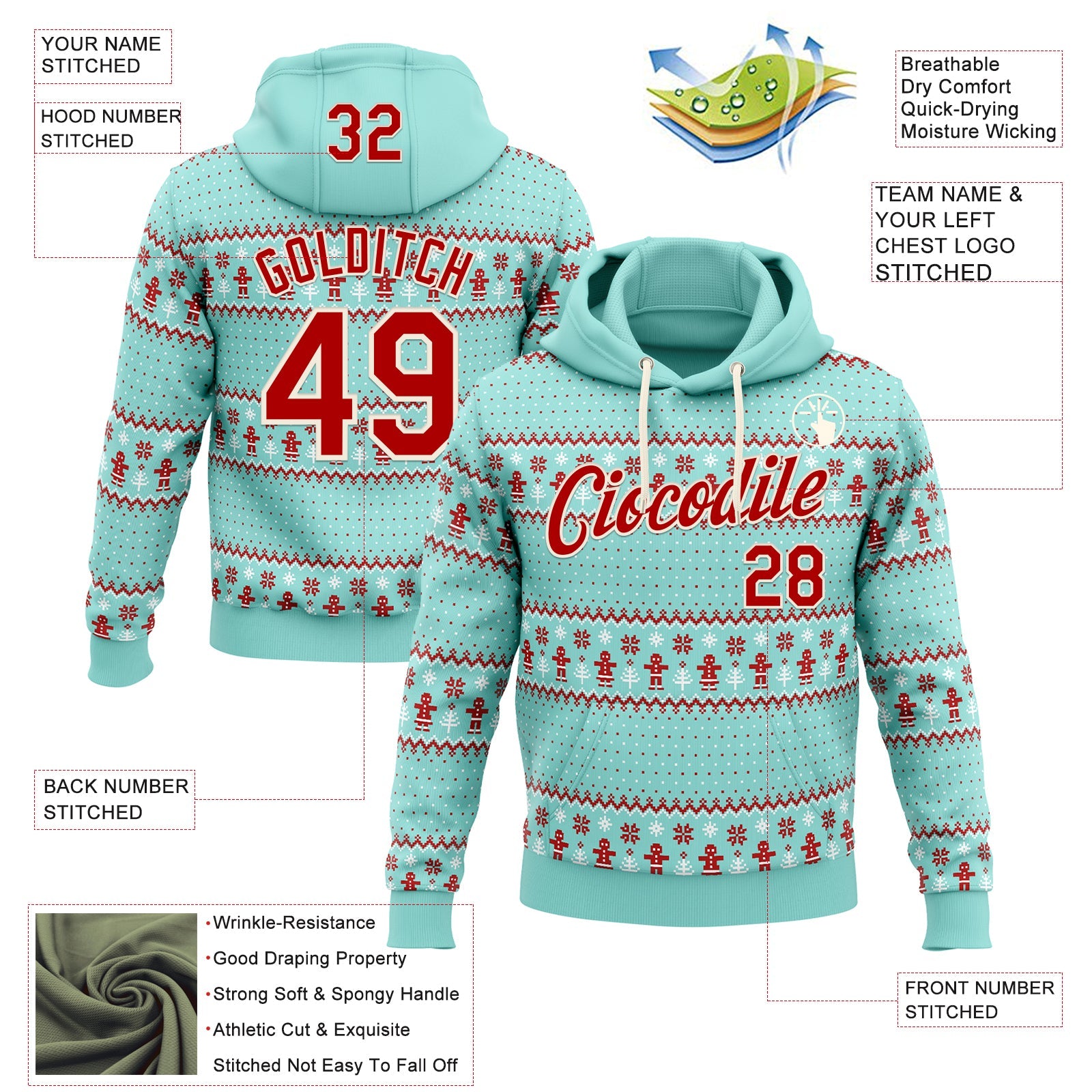 Custom Stitched Ice Blue Red-Cream 3D Christmas Ugly Sweater Sports Pullover Sweatshirt Hoodie view 2