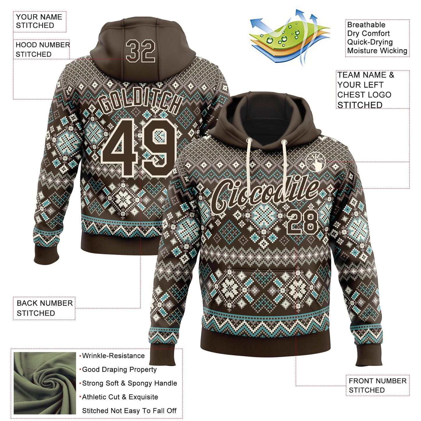 Custom Stitched Brown Brown-Cream 3D Christmas Ugly Sweater Sports Pullover Sweatshirt Hoodie view 2