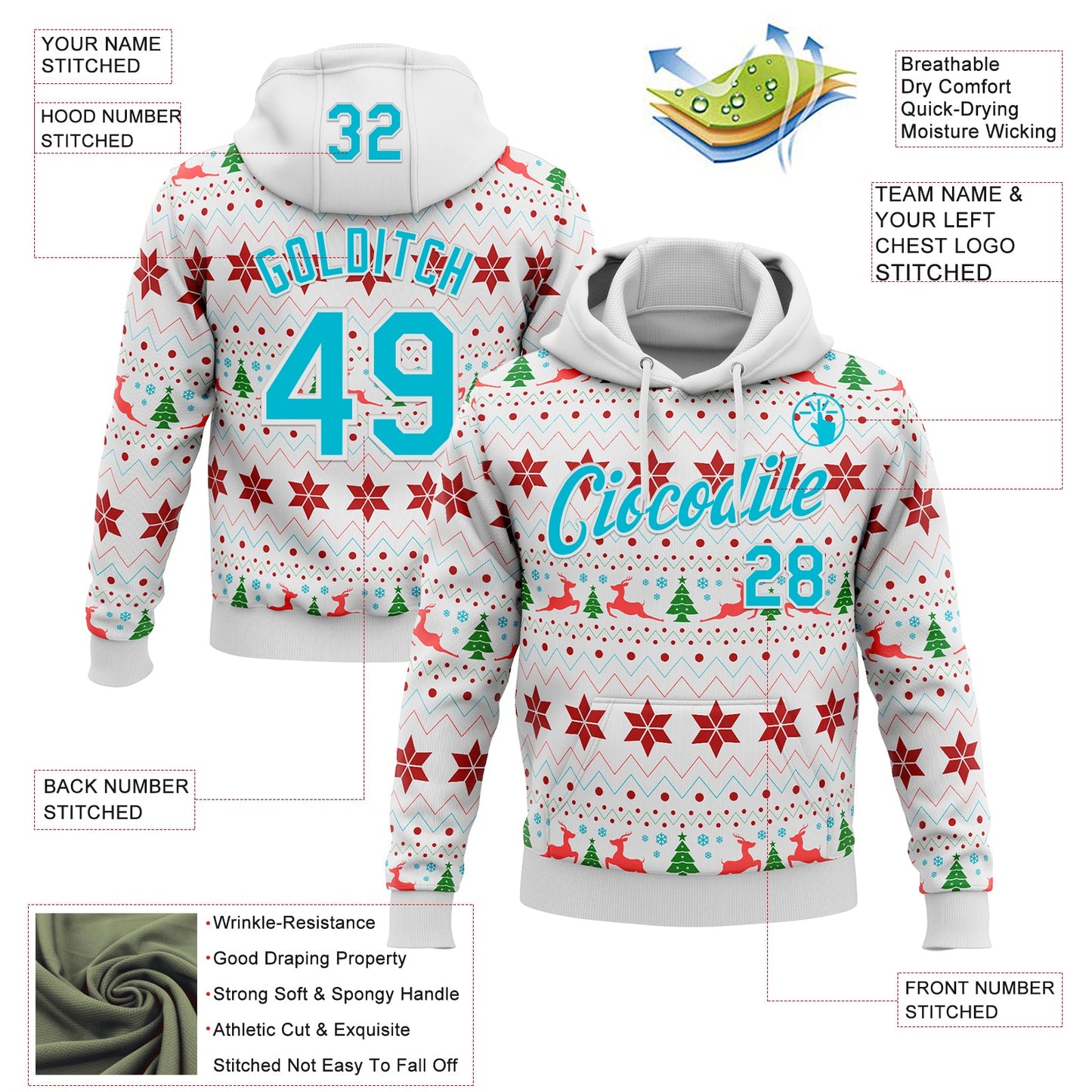 Custom Stitched White Lakes Blue-White 3D Christmas Ugly Sweater Sports Pullover Sweatshirt Hoodie view 2