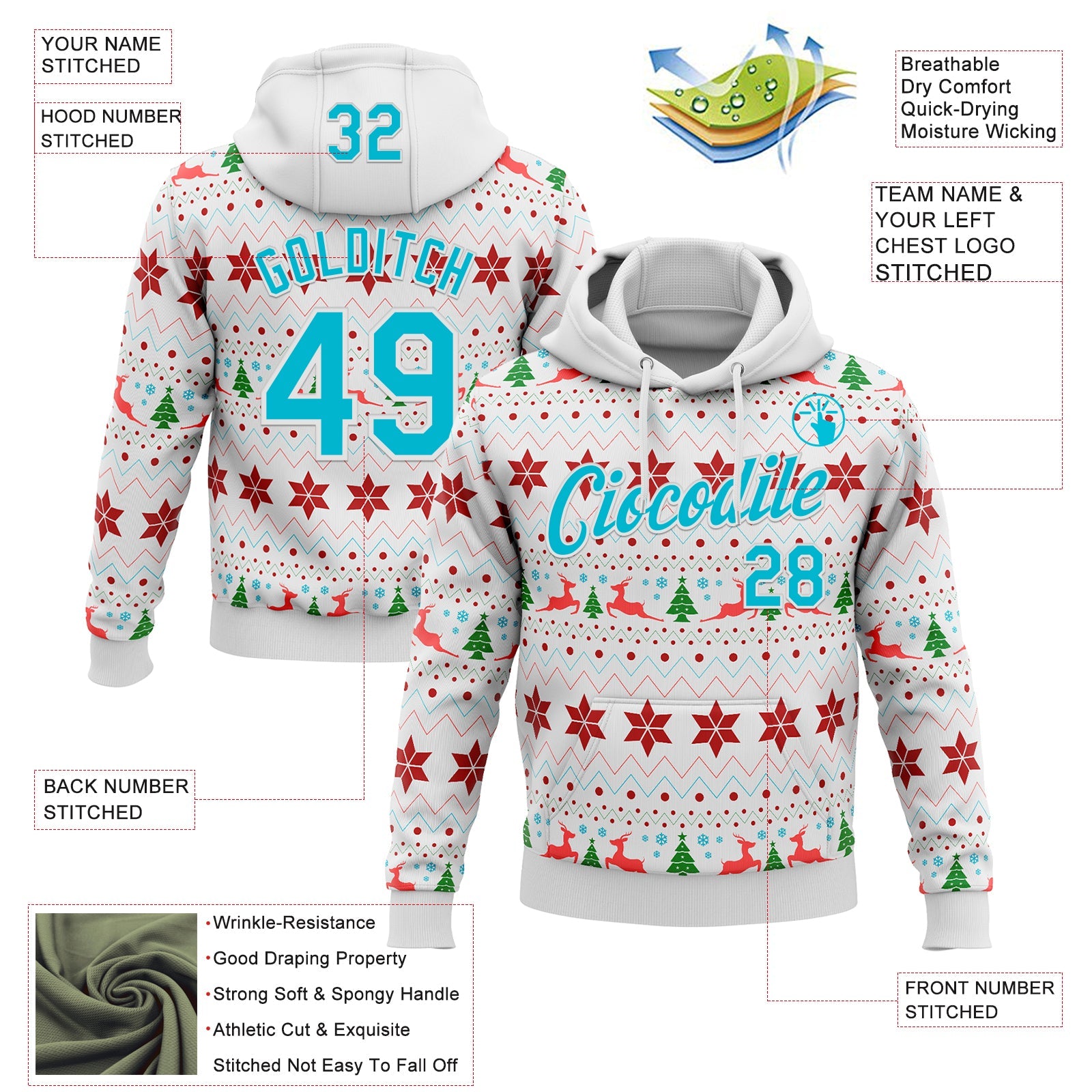 Custom Stitched White Lakes Blue-White 3D Christmas Ugly Sweater Sports Pullover Sweatshirt Hoodie view 2