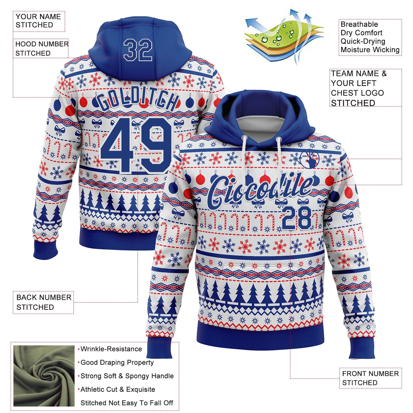 Custom Stitched Royal Royal-White 3D Christmas Ugly Sweater Sports Pullover Sweatshirt Hoodie view 2