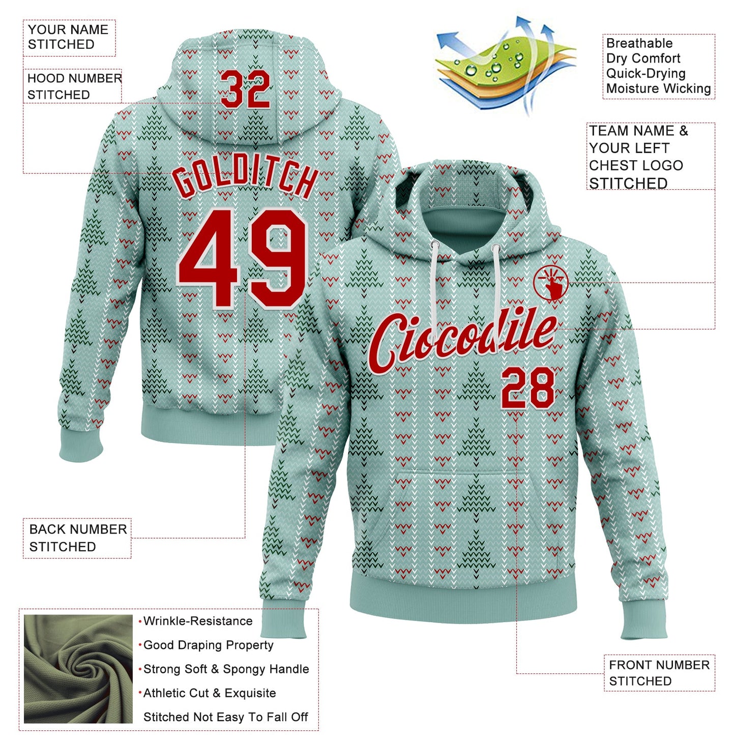 Custom Stitched Green Red-White 3D Christmas Ugly Sweater Sports Pullover Sweatshirt Hoodie view 2