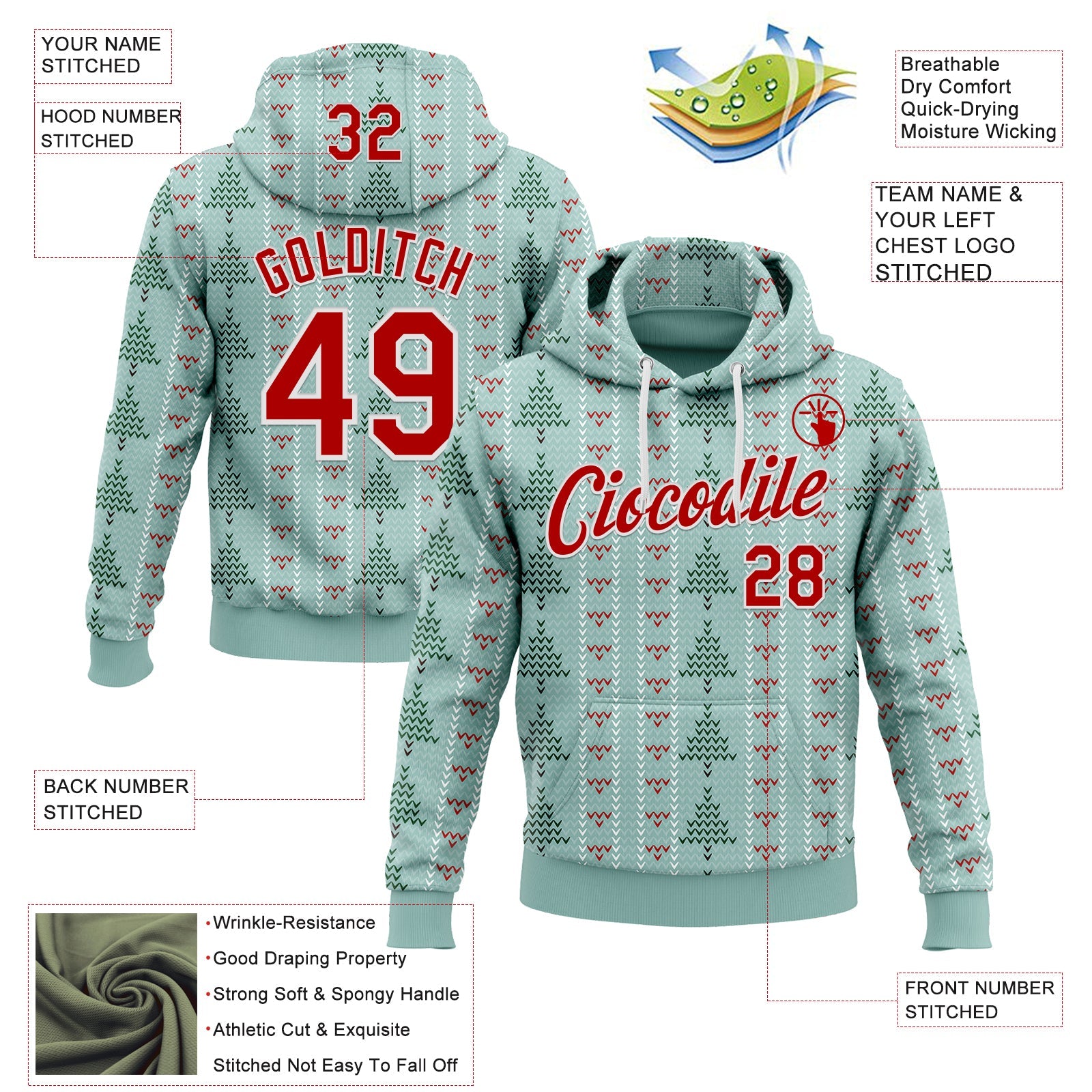 Custom Stitched Green Red-White 3D Christmas Ugly Sweater Sports Pullover Sweatshirt Hoodie view 2