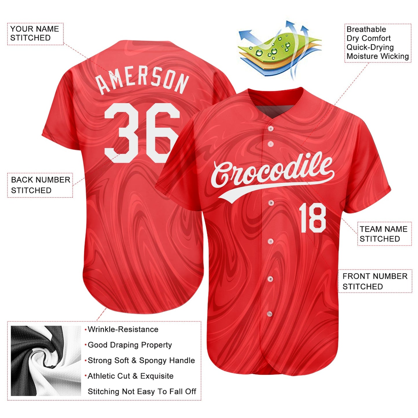 Custom Red White 3D Pattern Design Authentic Baseball Jersey view 3