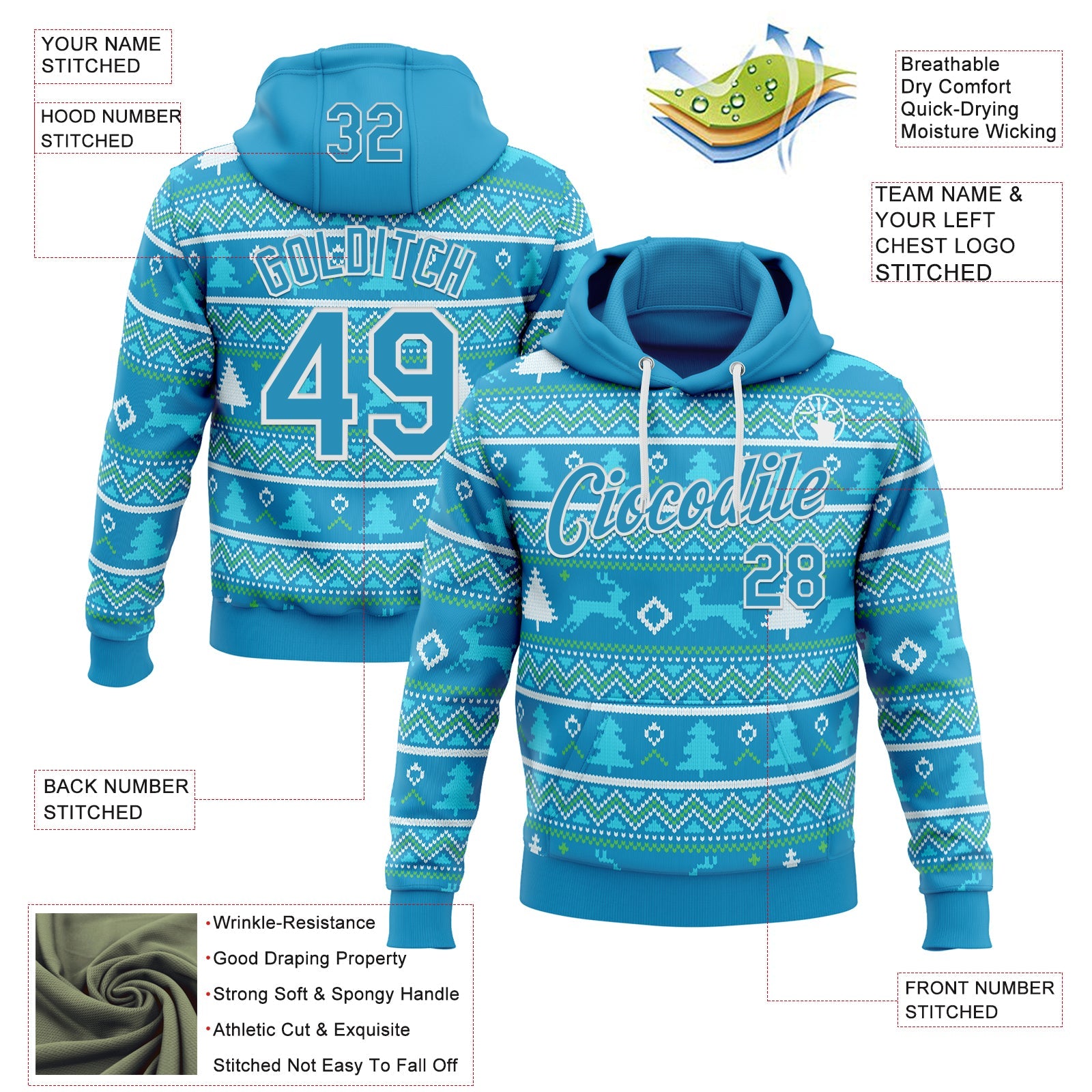 Custom Stitched Panther Blue Panther Blue-White 3D Christmas Ugly Sweater Sports Pullover Sweatshirt Hoodie view 2