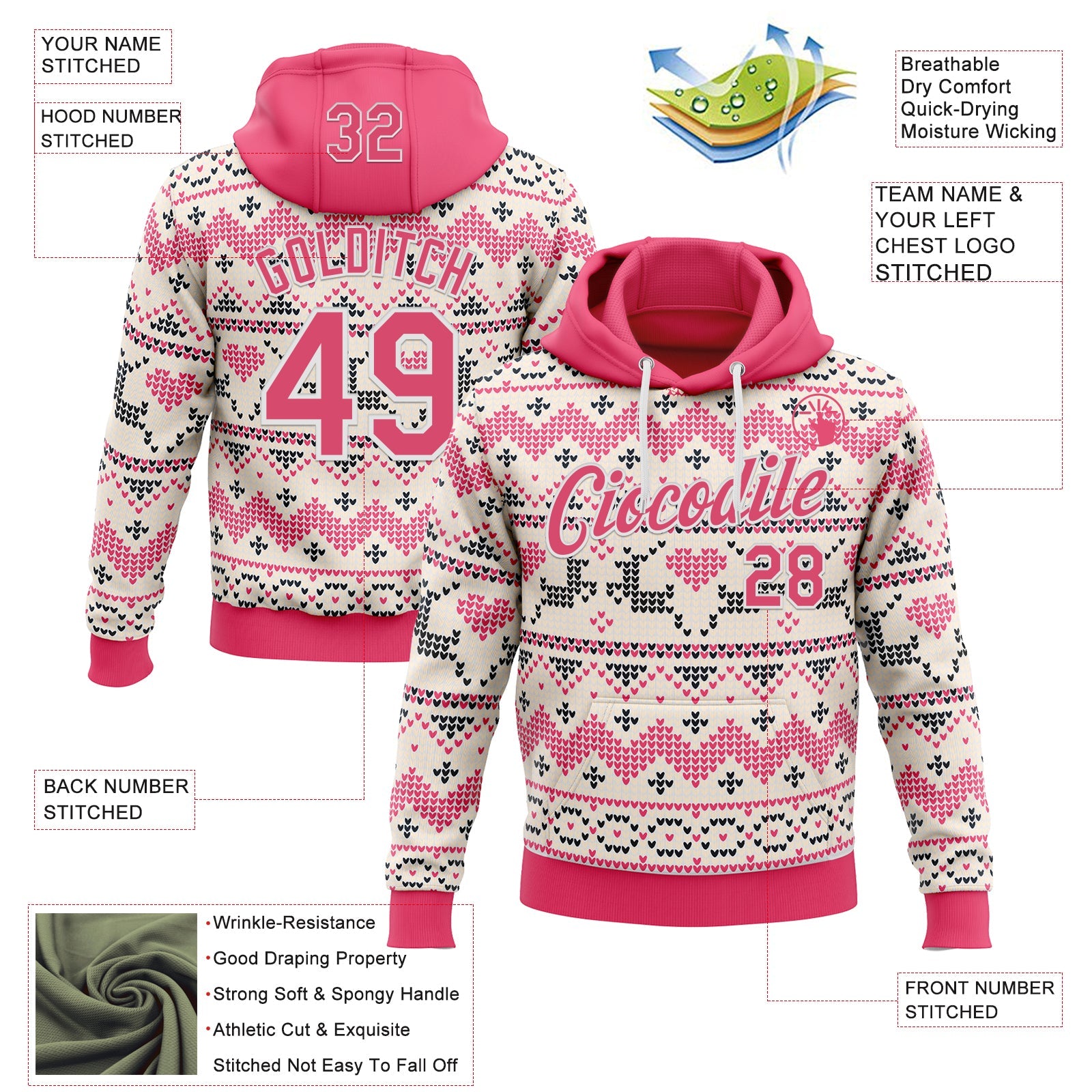 Custom Stitched White Neon Pink-White 3D Christmas Ugly Sweater Sports Pullover Sweatshirt Hoodie view 2