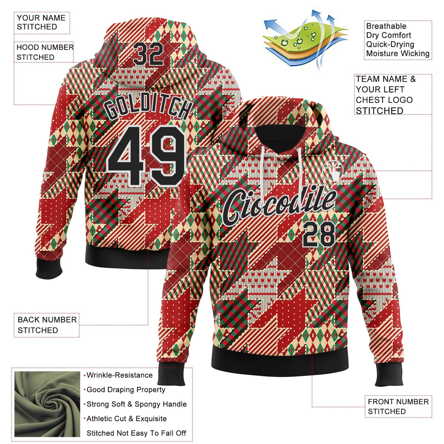 Custom Stitched Red Black-White 3D Christmas Houndstooth Sports Pullover Sweatshirt Hoodie view 2