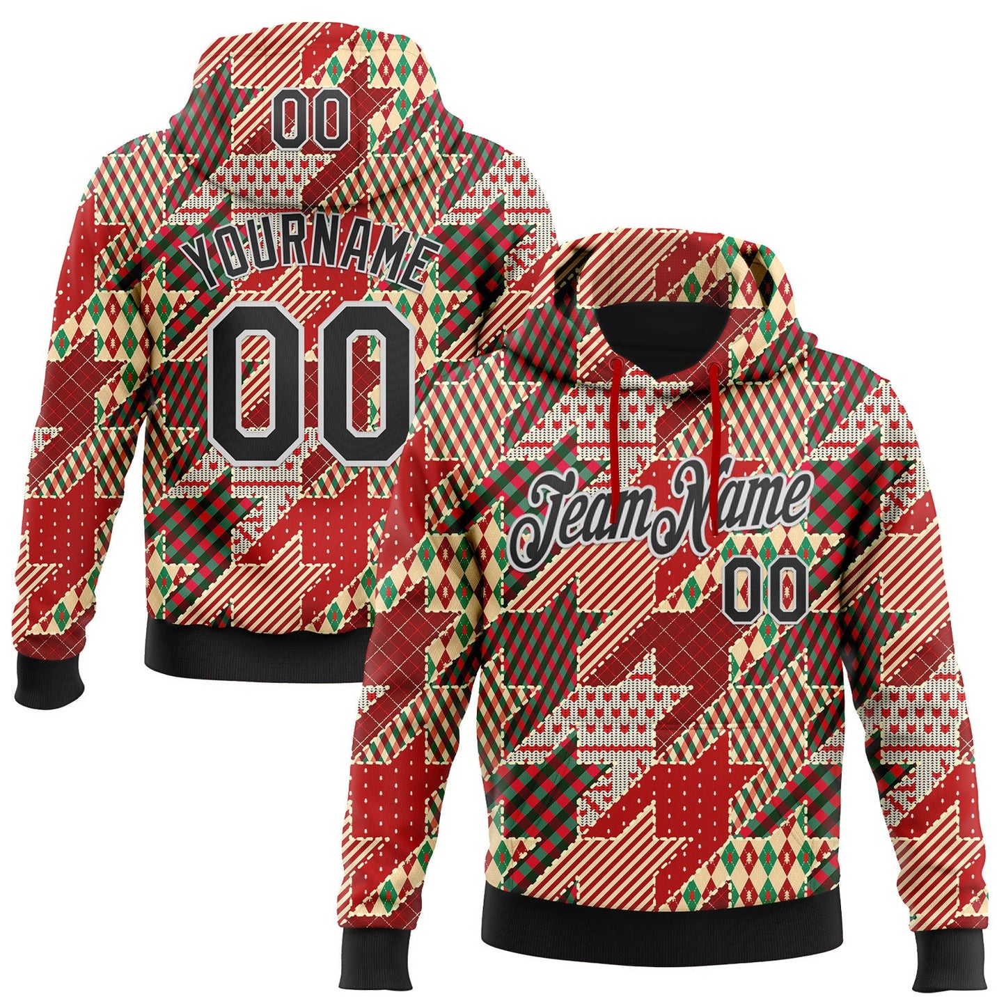 Custom Stitched Red Black-White 3D Christmas Houndstooth Sports Pullover Sweatshirt Hoodie - Main View