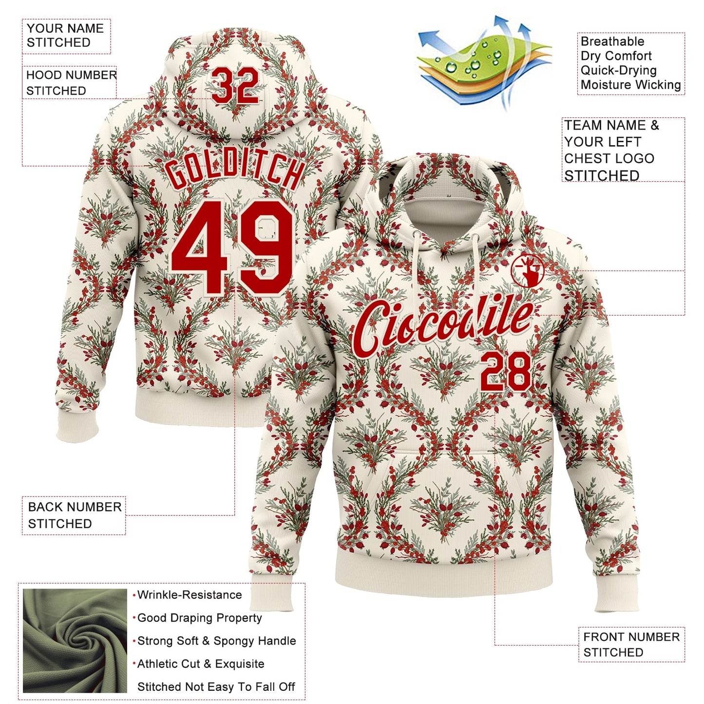 Custom Stitched Cream Red-Cream 3D Christmas Damask Floral Sports Pullover Sweatshirt Hoodie view 2