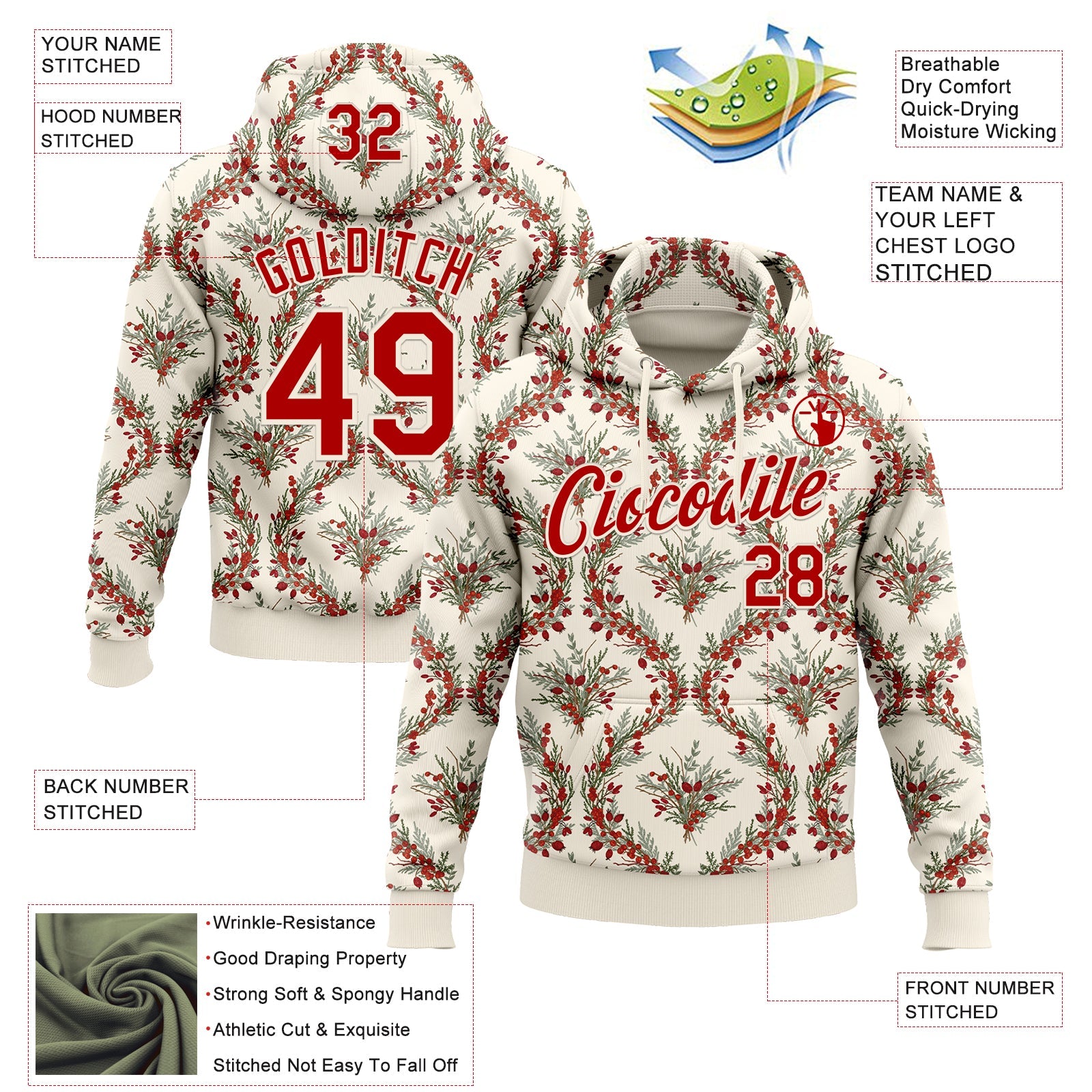 Custom Stitched Cream Red-Cream 3D Christmas Damask Floral Sports Pullover Sweatshirt Hoodie view 2