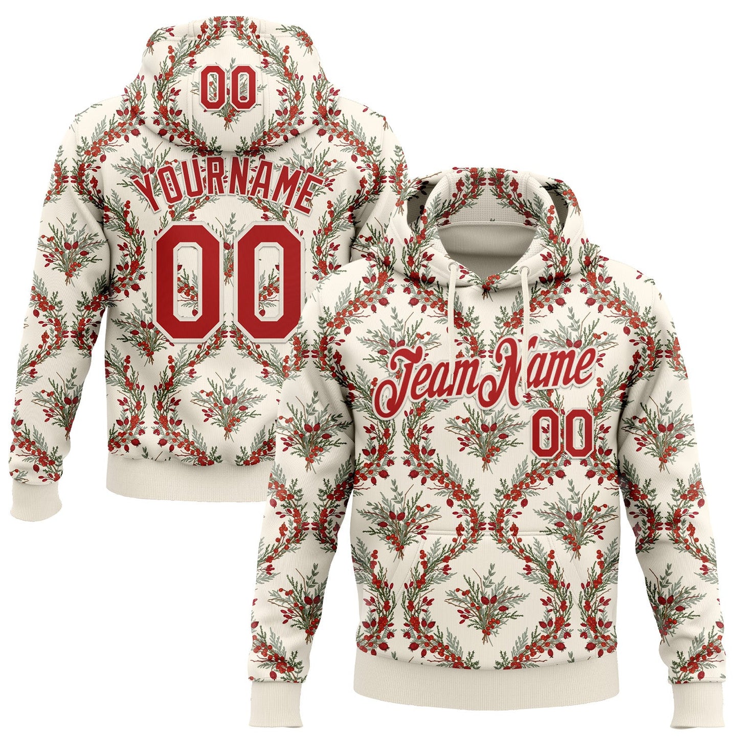 Custom Stitched Cream Red-Cream 3D Christmas Damask Floral Sports Pullover Sweatshirt Hoodie - Main View