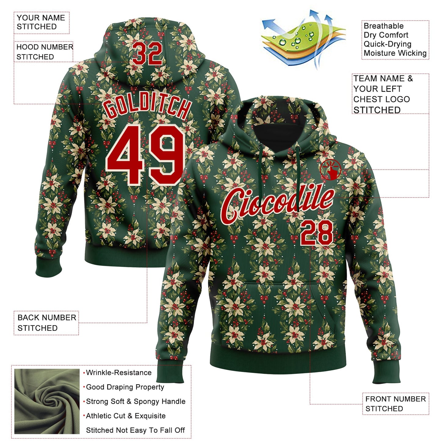 Custom Stitched Green Red-Cream 3D Christmas Floral Sports Pullover Sweatshirt Hoodie view 2