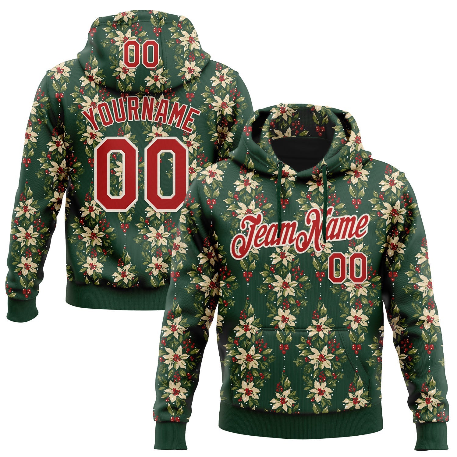 Custom Stitched Green Red-Cream 3D Christmas Floral Sports Pullover Sweatshirt Hoodie - Main View