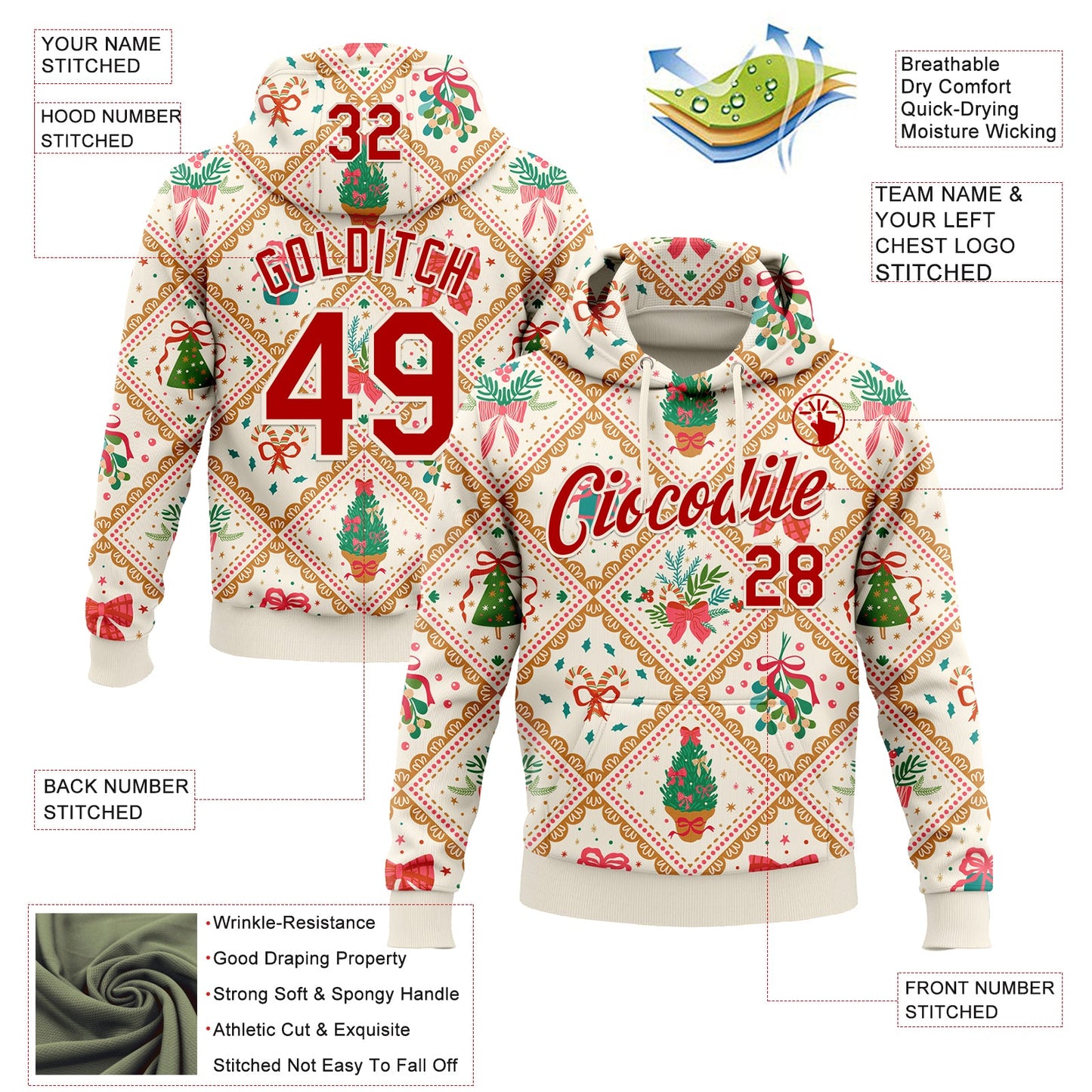 Custom Stitched Cream Red-Cream 3D Christmas Patchwork Sports Pullover Sweatshirt Hoodie view 2