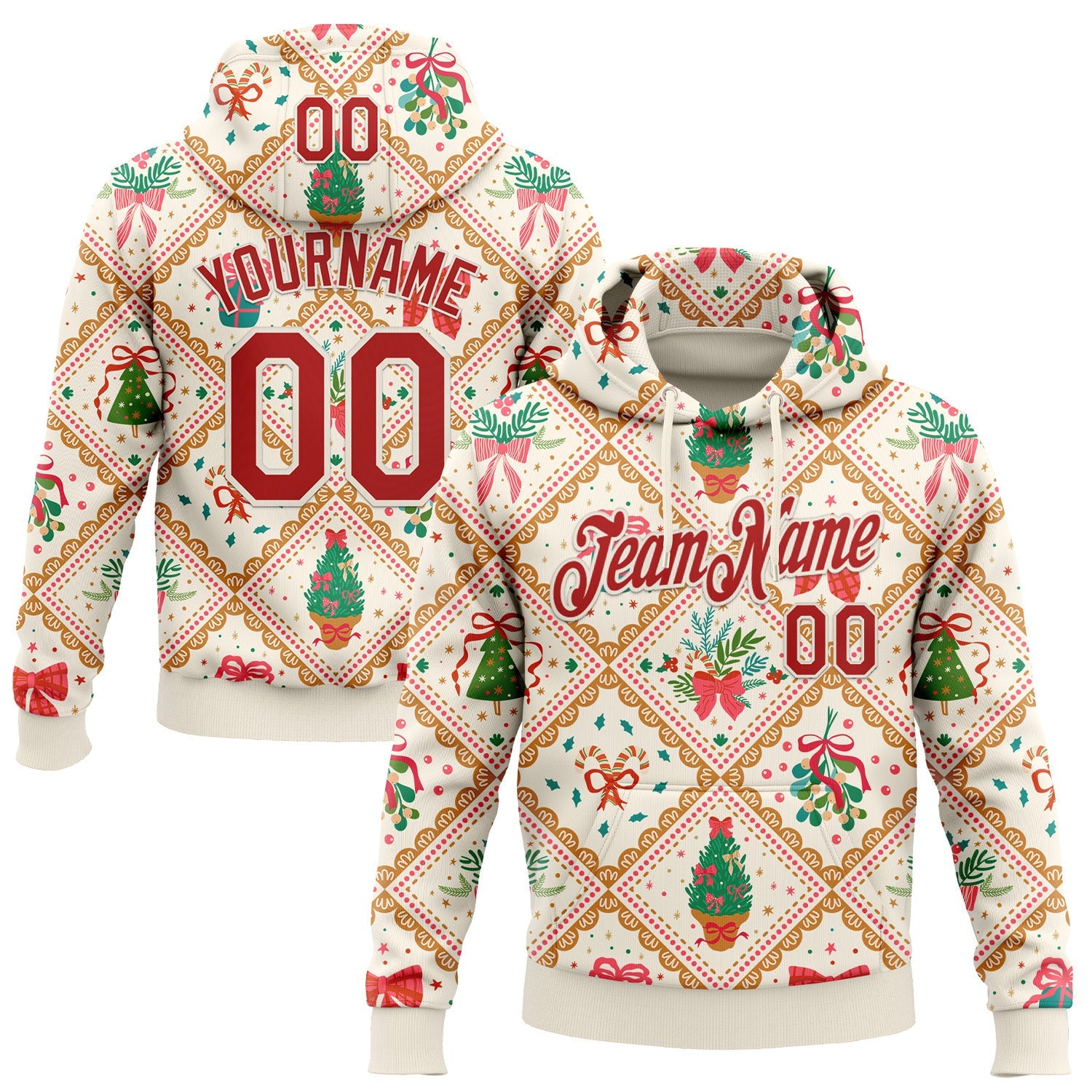 Custom Stitched Cream Red-Cream 3D Christmas Patchwork Sports Pullover Sweatshirt Hoodie - Main View