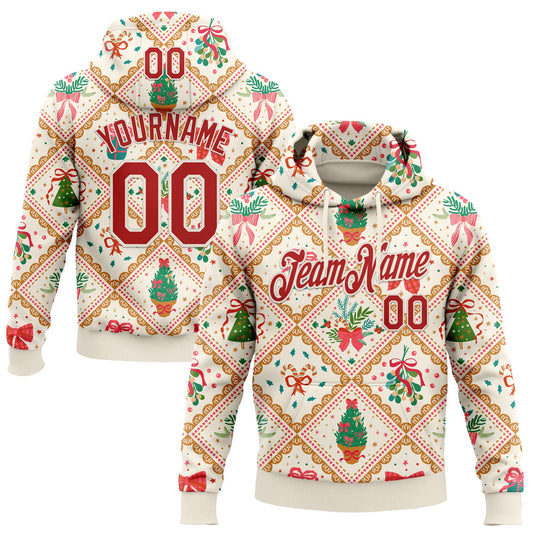 Custom Stitched Cream Red-Cream 3D Christmas Patchwork Sports Pullover Sweatshirt Hoodie - Main View