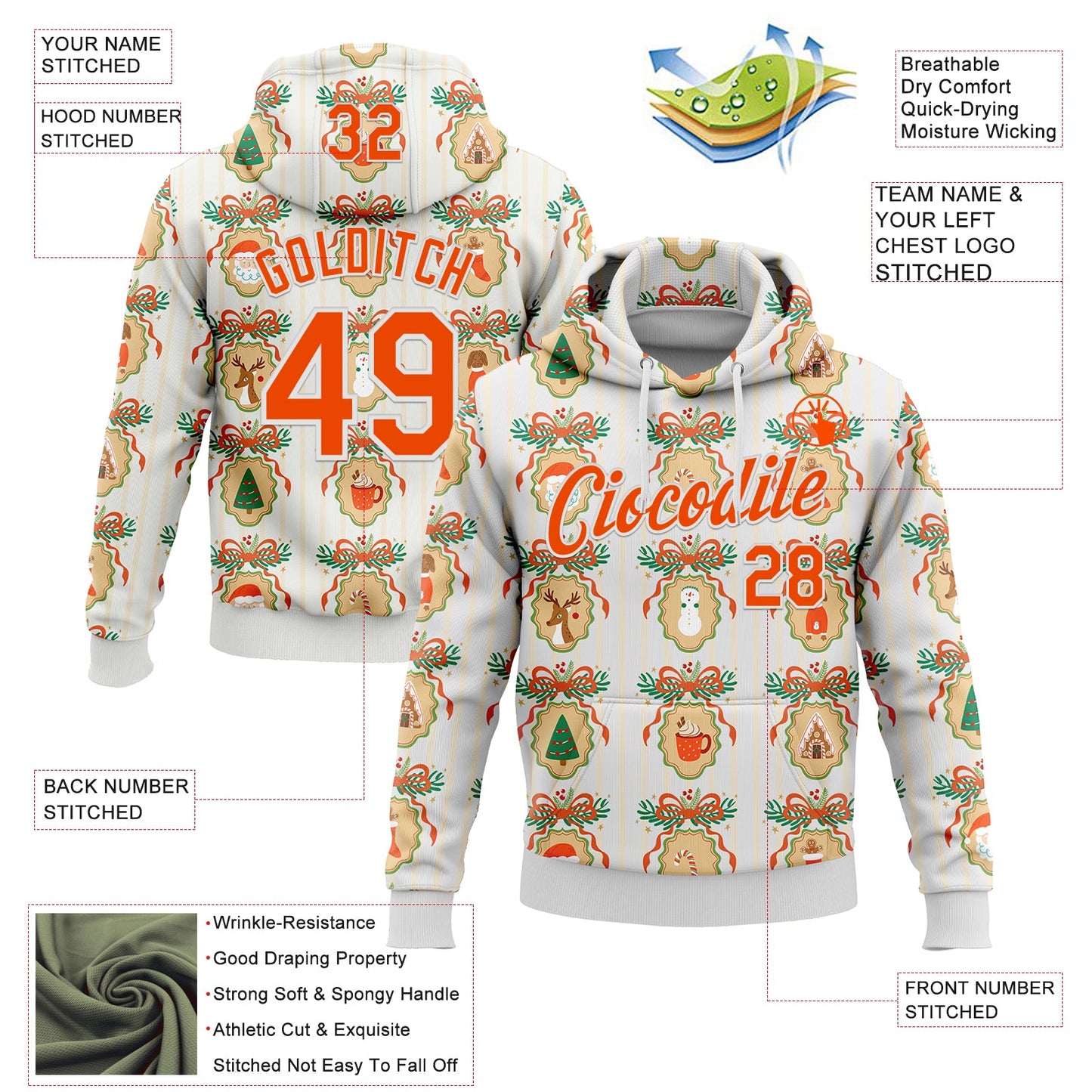 Custom Stitched White Orange-White 3D Christmas Sports Pullover Sweatshirt Hoodie view 2