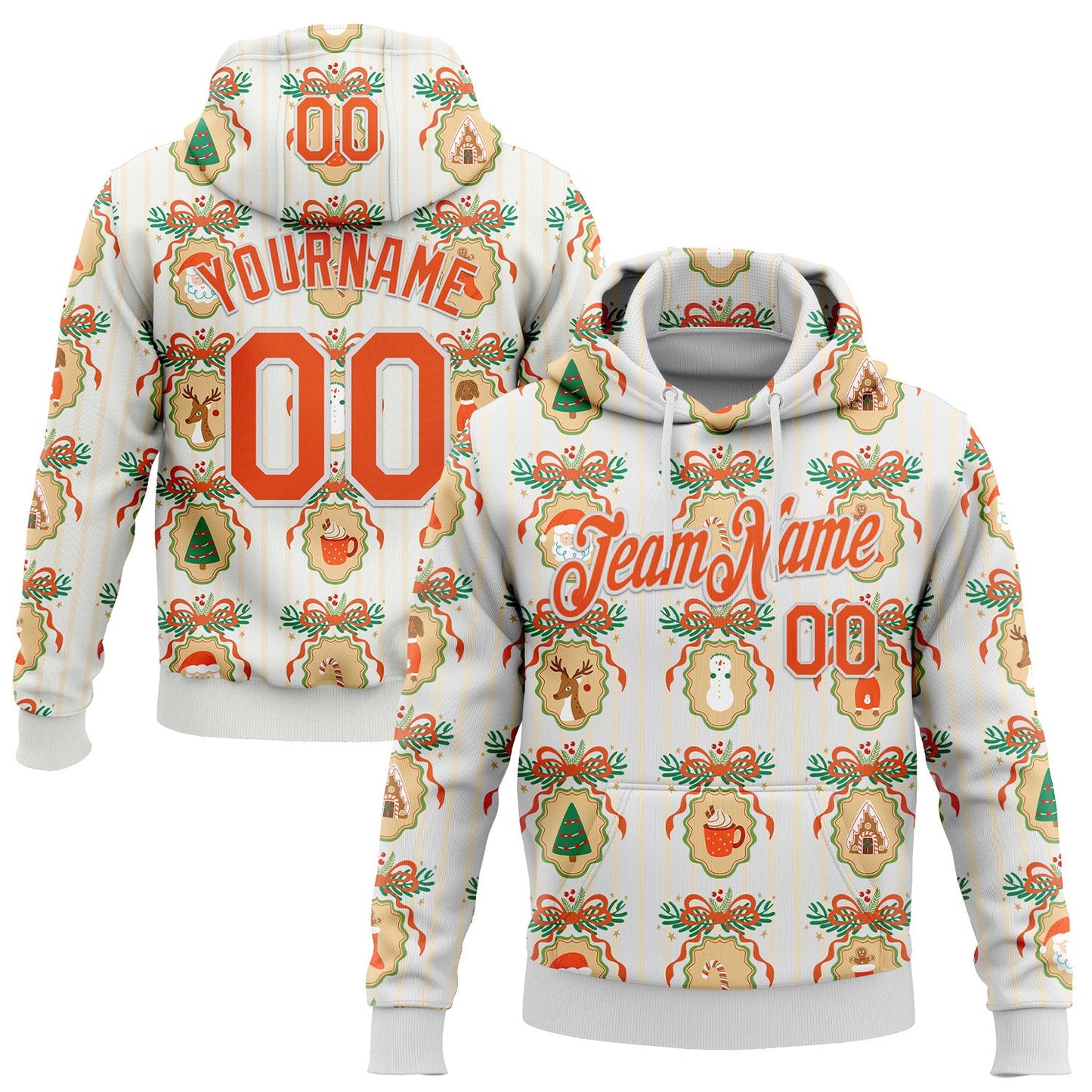 Custom Stitched White Orange-White 3D Christmas Sports Pullover Sweatshirt Hoodie - Main View