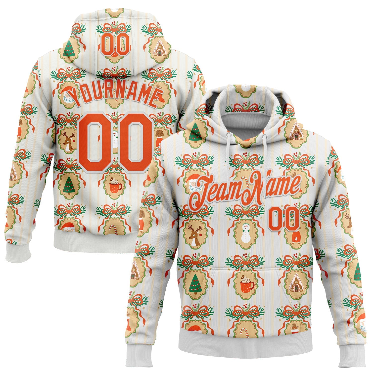 Custom Stitched White Orange-White 3D Christmas Sports Pullover Sweatshirt Hoodie - Main View