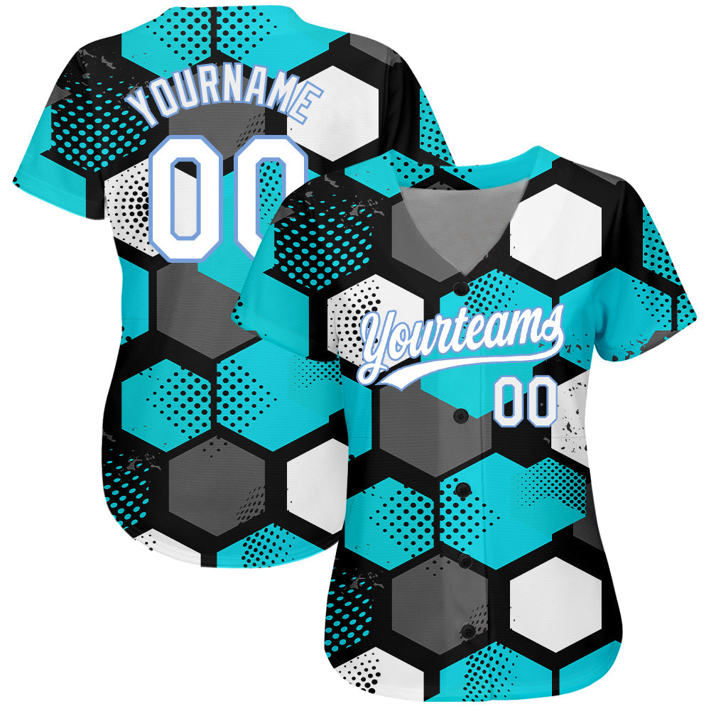 Custom Teal White-Light Blue 3D Pattern Design Authentic Baseball Jersey view 2