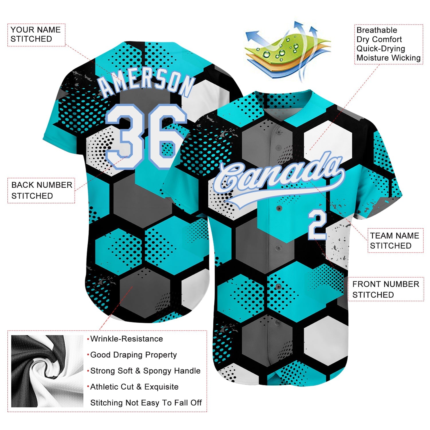 Custom Teal White-Light Blue 3D Pattern Design Authentic Baseball Jersey view 3
