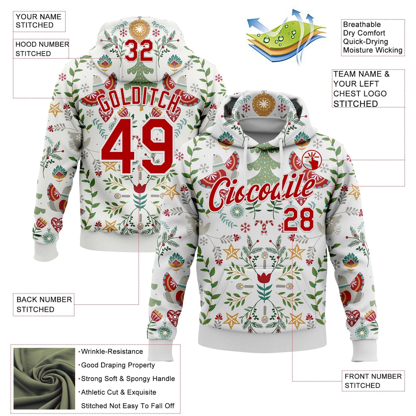 Custom Stitched White Red-White 3D Christmas Floral Sports Pullover Sweatshirt Hoodie view 2