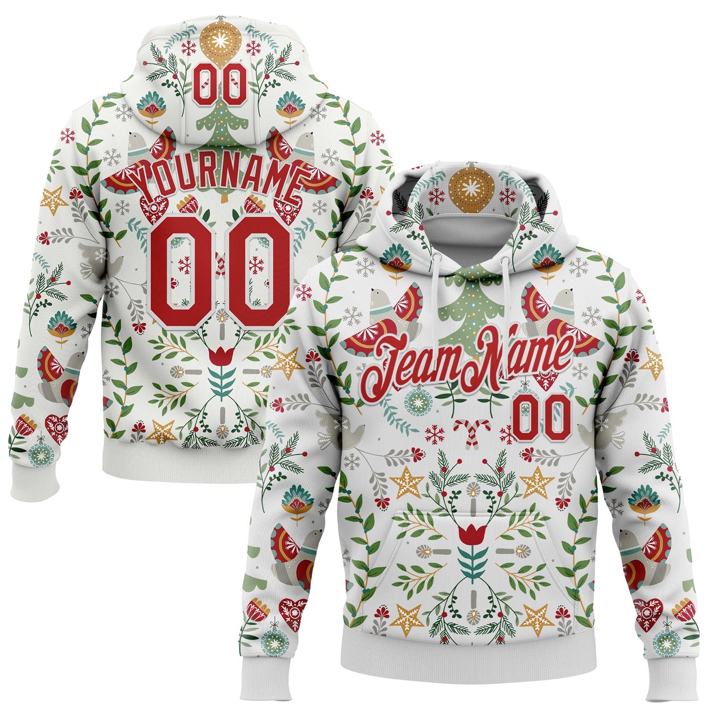Custom Stitched White Red-White 3D Christmas Floral Sports Pullover Sweatshirt Hoodie - Main View