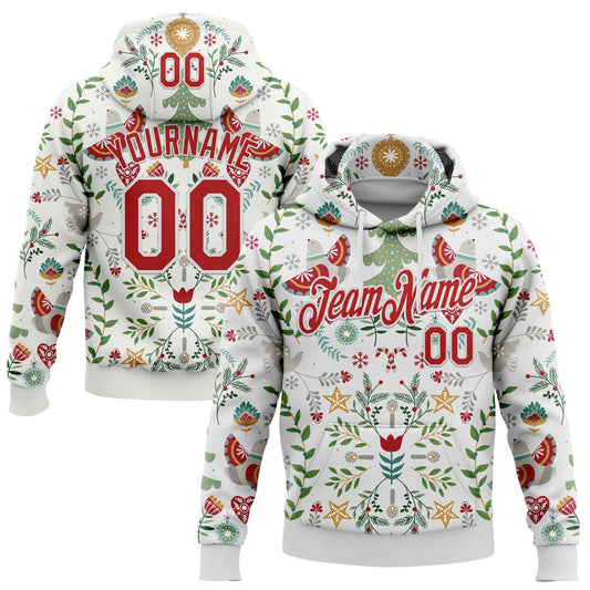 Custom Stitched White Red-White 3D Christmas Floral Sports Pullover Sweatshirt Hoodie - Main View