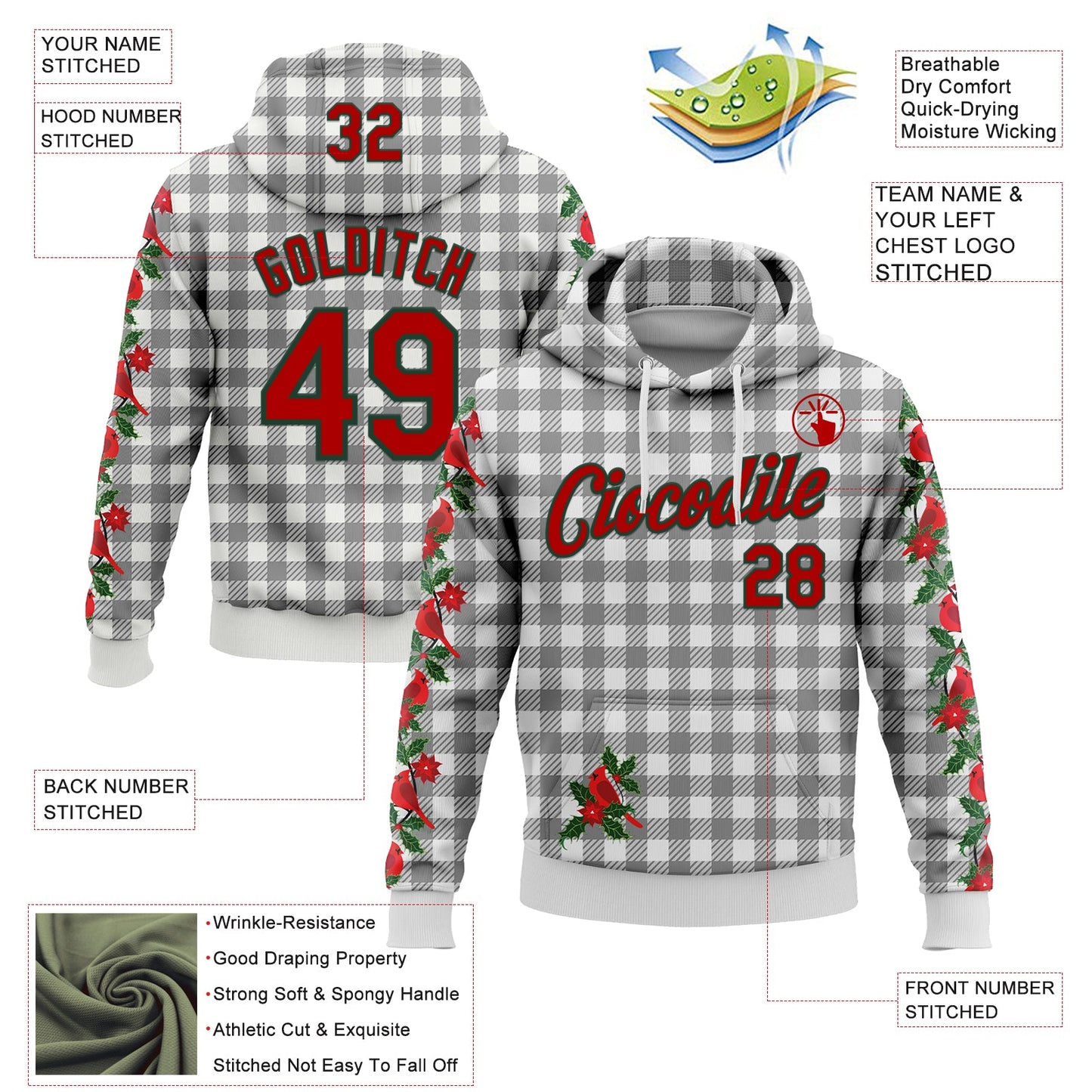 Custom Stitched White Red-Green 3D Christmas Floral Plaid Sports Pullover Sweatshirt Hoodie view 2