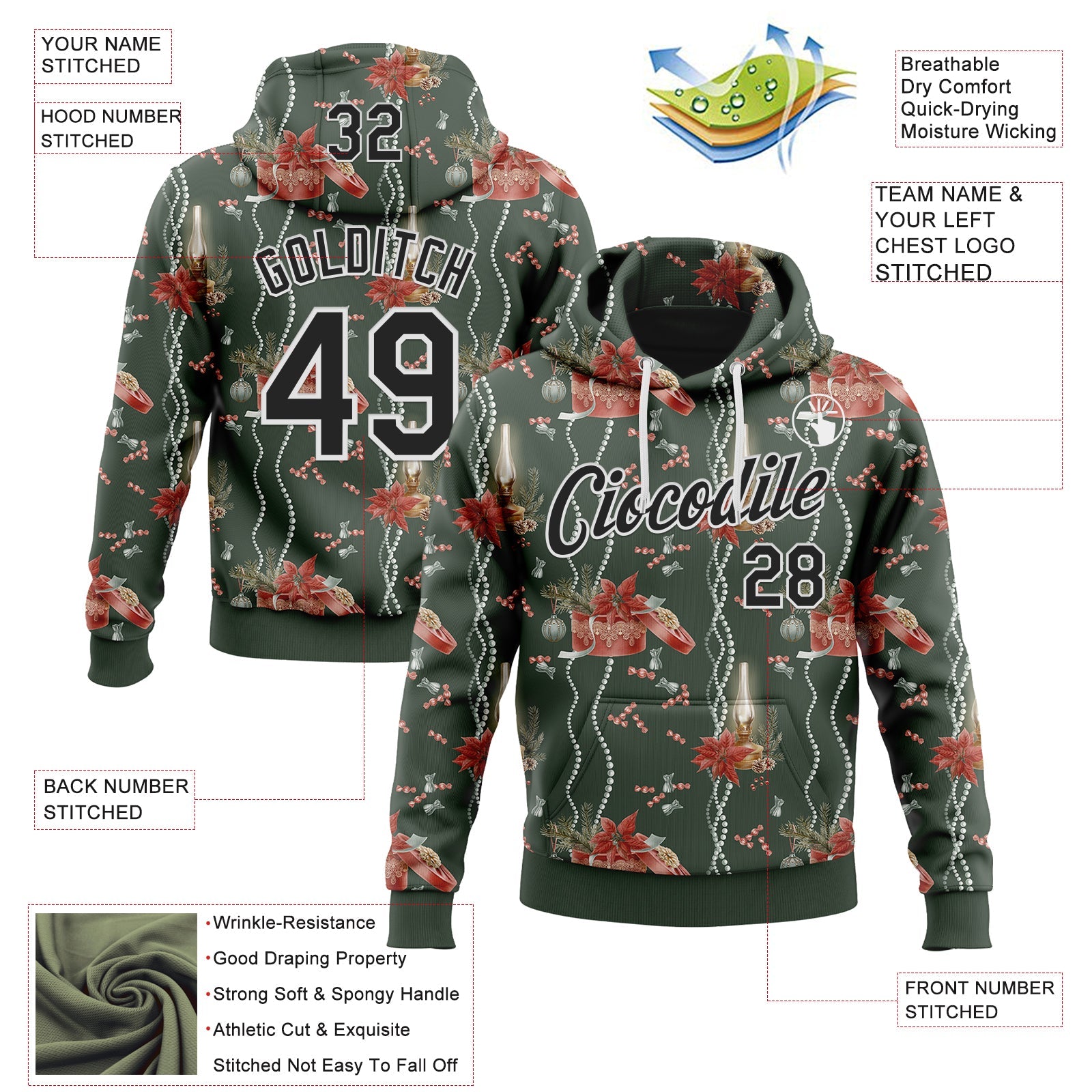 Custom Stitched Green Black-White 3D Christmas Sports Pullover Sweatshirt Hoodie view 2