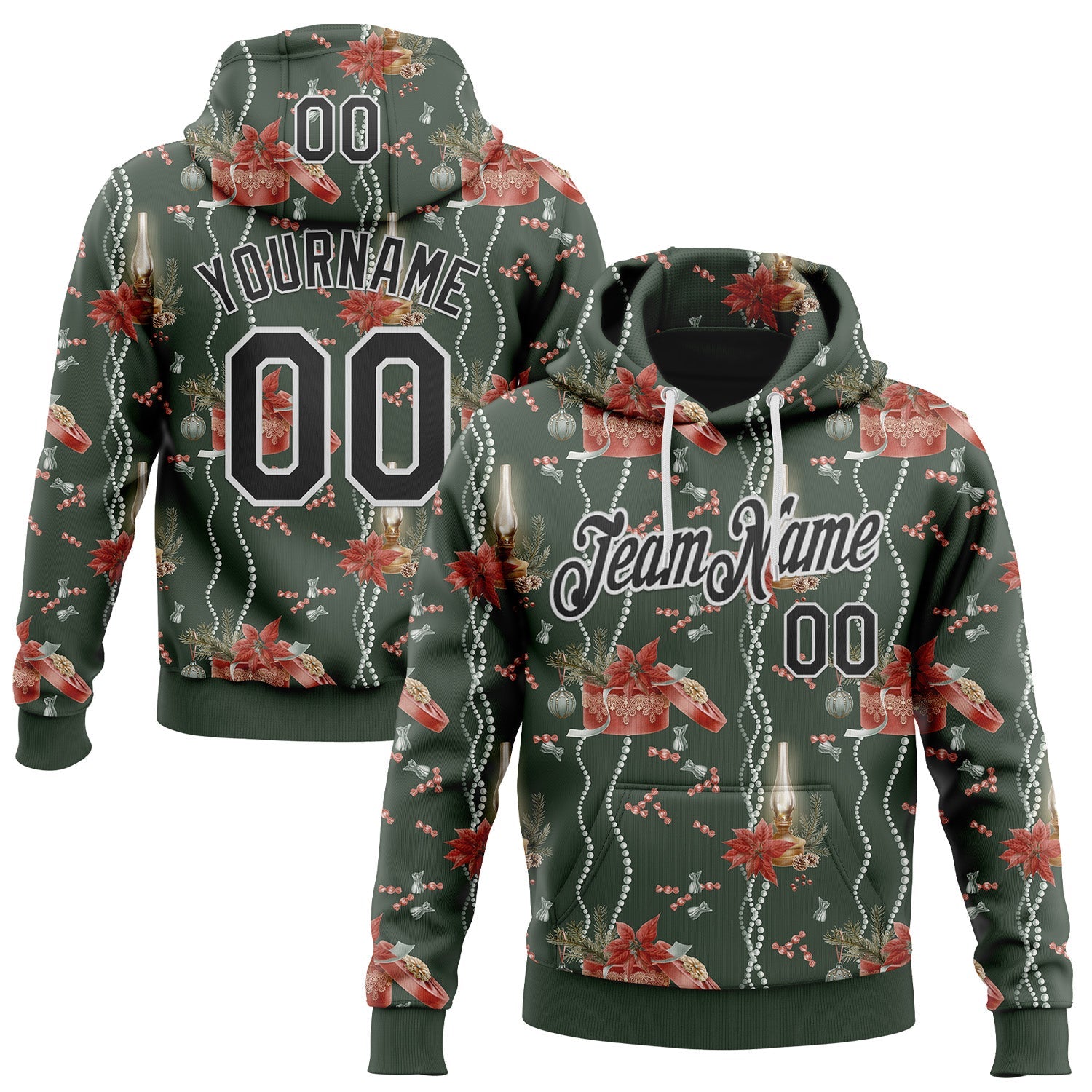 Custom Stitched Green Black-White 3D Christmas Sports Pullover Sweatshirt Hoodie - Main View