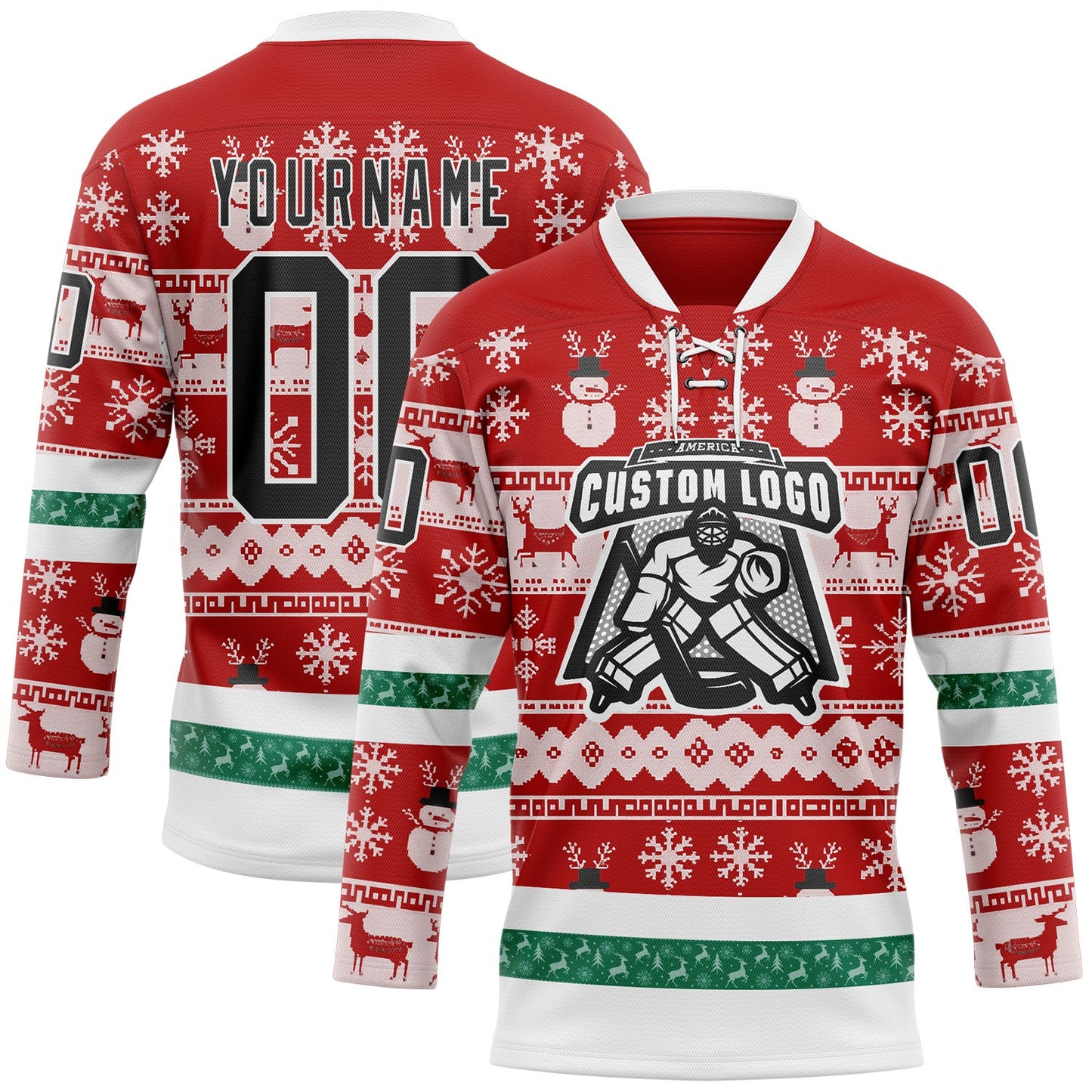 Custom Red Black-White 3D Christmas Ugly Sweater Hockey Lace Neck Jersey view 2