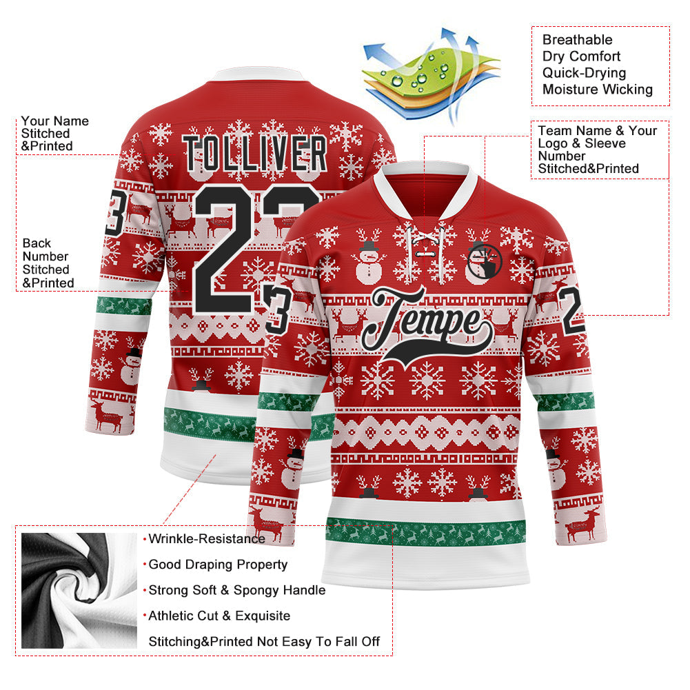 Custom Red Black-White 3D Christmas Ugly Sweater Hockey Lace Neck Jersey view 3