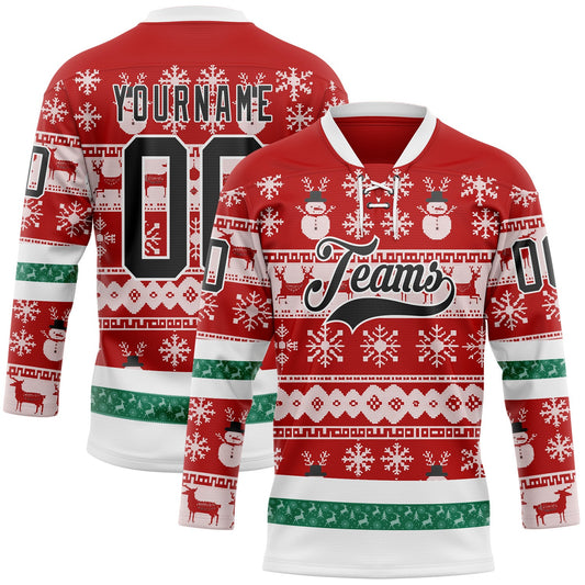 Custom Red Black-White 3D Christmas Ugly Sweater Hockey Lace Neck Jersey - Main View