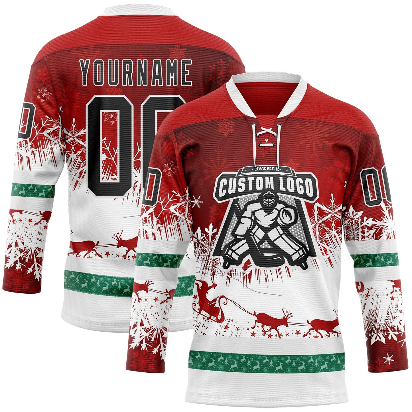 Custom Red Black-White 3D Christmas Reindeer Hockey Lace Neck Jersey view 2