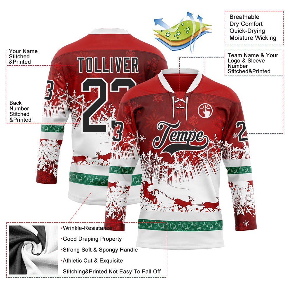 Custom Red Black-White 3D Christmas Reindeer Hockey Lace Neck Jersey view 3