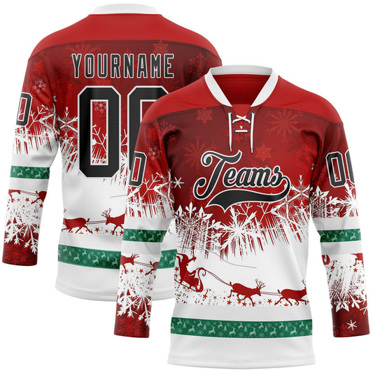 Custom Red Black-White 3D Christmas Reindeer Hockey Lace Neck Jersey - Main View