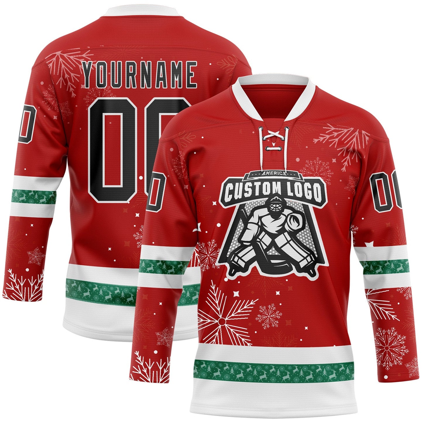 Custom Red Black-White 3D Christmas Hockey Lace Neck Jersey view 2