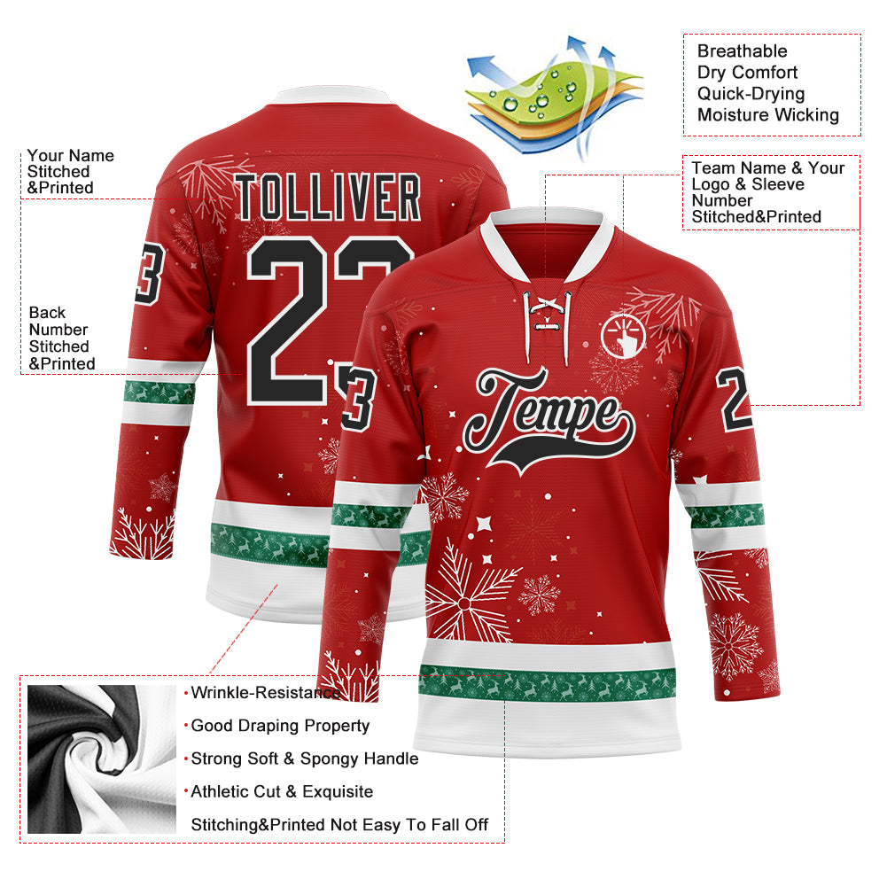 Custom Red Black-White 3D Christmas Hockey Lace Neck Jersey view 3