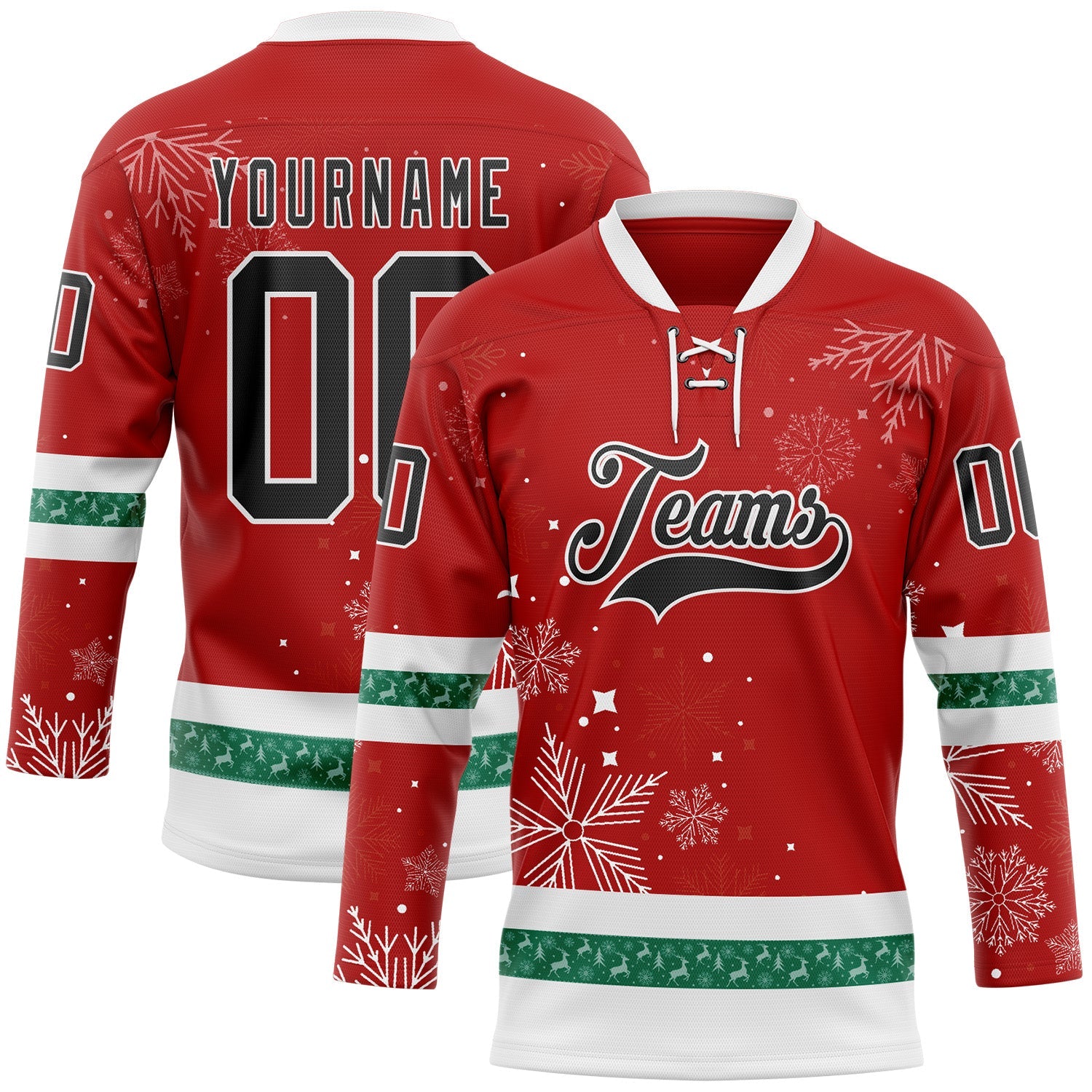 Custom Red Black-White 3D Christmas Hockey Lace Neck Jersey - Main View