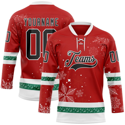 Custom Red Black-White 3D Christmas Hockey Lace Neck Jersey - Main View