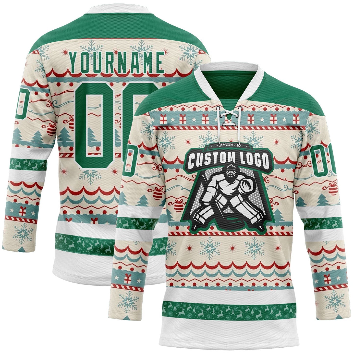 Custom Red Kelly Green-White 3D Christmas Ugly Sweater Hockey Lace Neck Jersey view 2