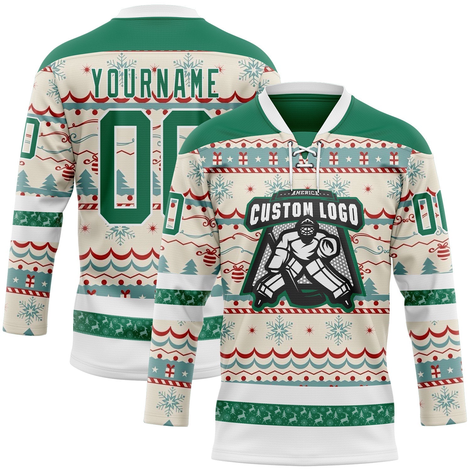 Custom Red Kelly Green-White 3D Christmas Ugly Sweater Hockey Lace Neck Jersey view 2