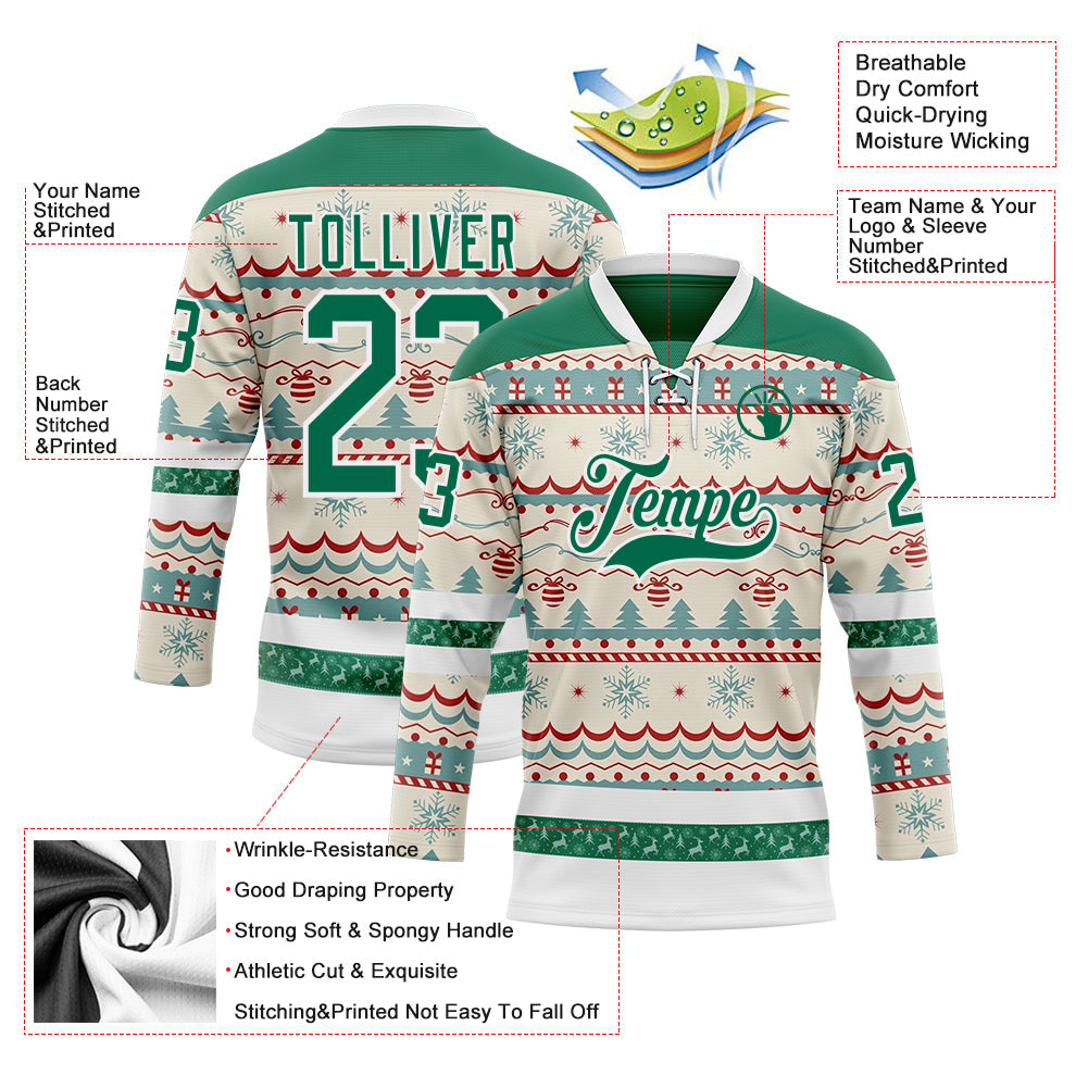 Custom Red Kelly Green-White 3D Christmas Ugly Sweater Hockey Lace Neck Jersey view 3