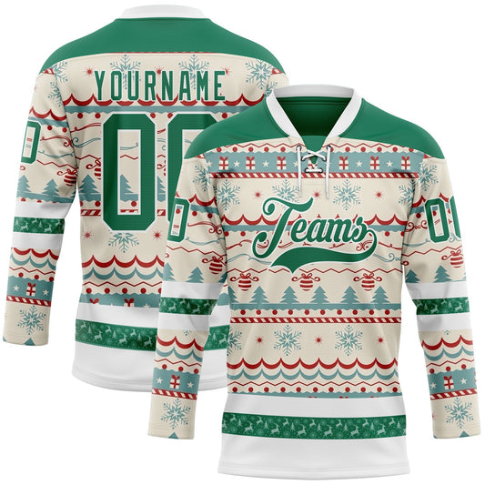 Custom Red Kelly Green-White 3D Christmas Ugly Sweater Hockey Lace Neck Jersey - Main View
