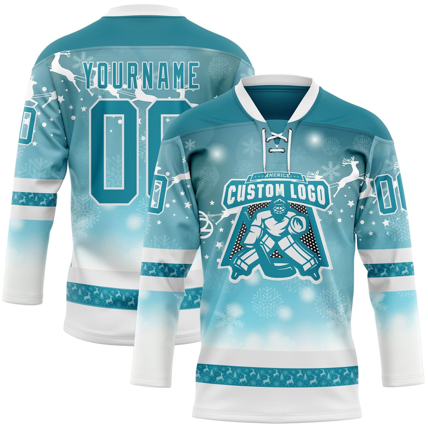 Custom Teal Teal-White 3D Christmas Reindeer Hockey Lace Neck Jersey view 2
