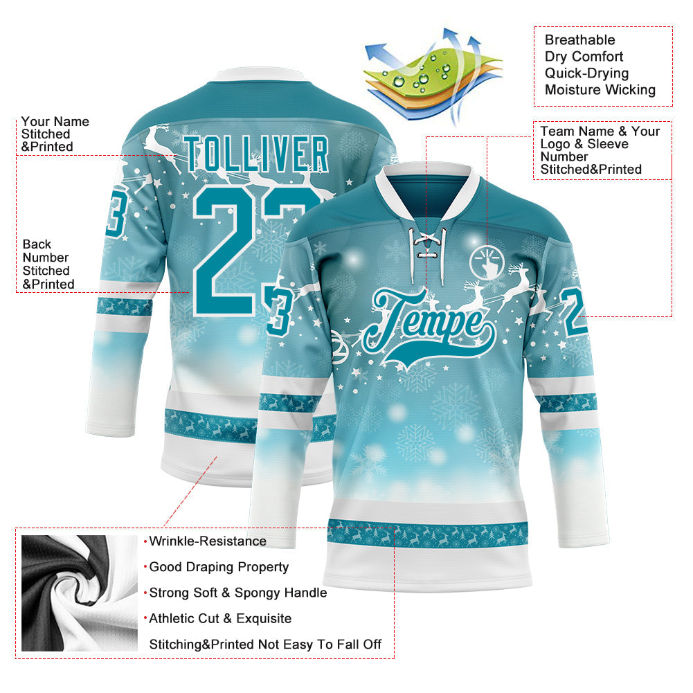 Custom Teal Teal-White 3D Christmas Reindeer Hockey Lace Neck Jersey view 3
