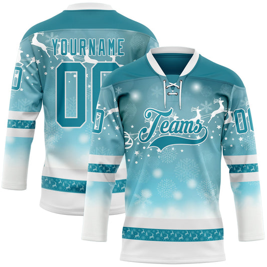 Custom Teal Teal-White 3D Christmas Reindeer Hockey Lace Neck Jersey - Main View