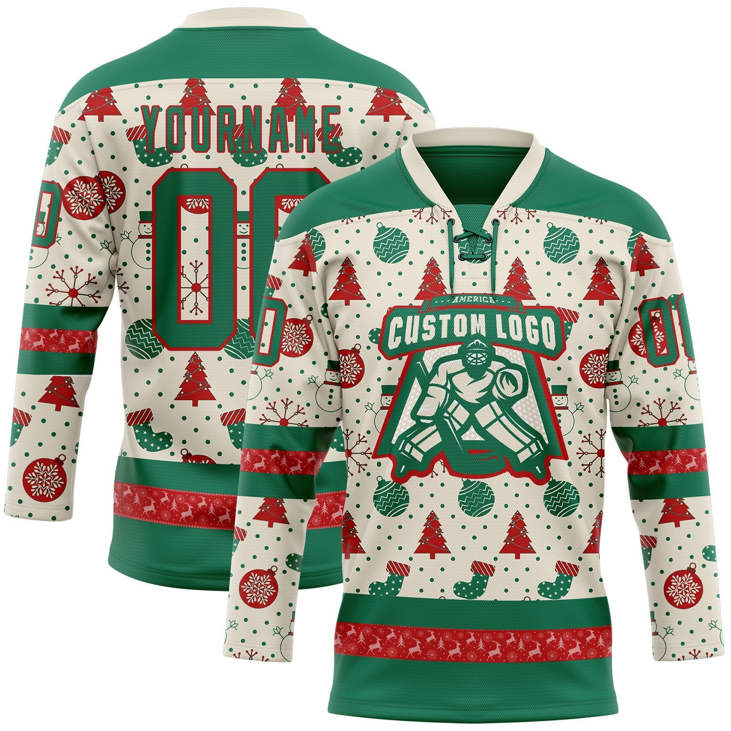 Custom Cream Kelly Green-Red 3D Christmas Hockey Lace Neck Jersey view 2