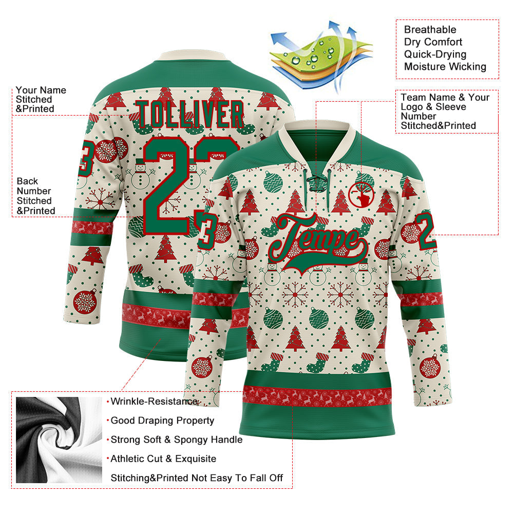 Custom Cream Kelly Green-Red 3D Christmas Hockey Lace Neck Jersey view 3